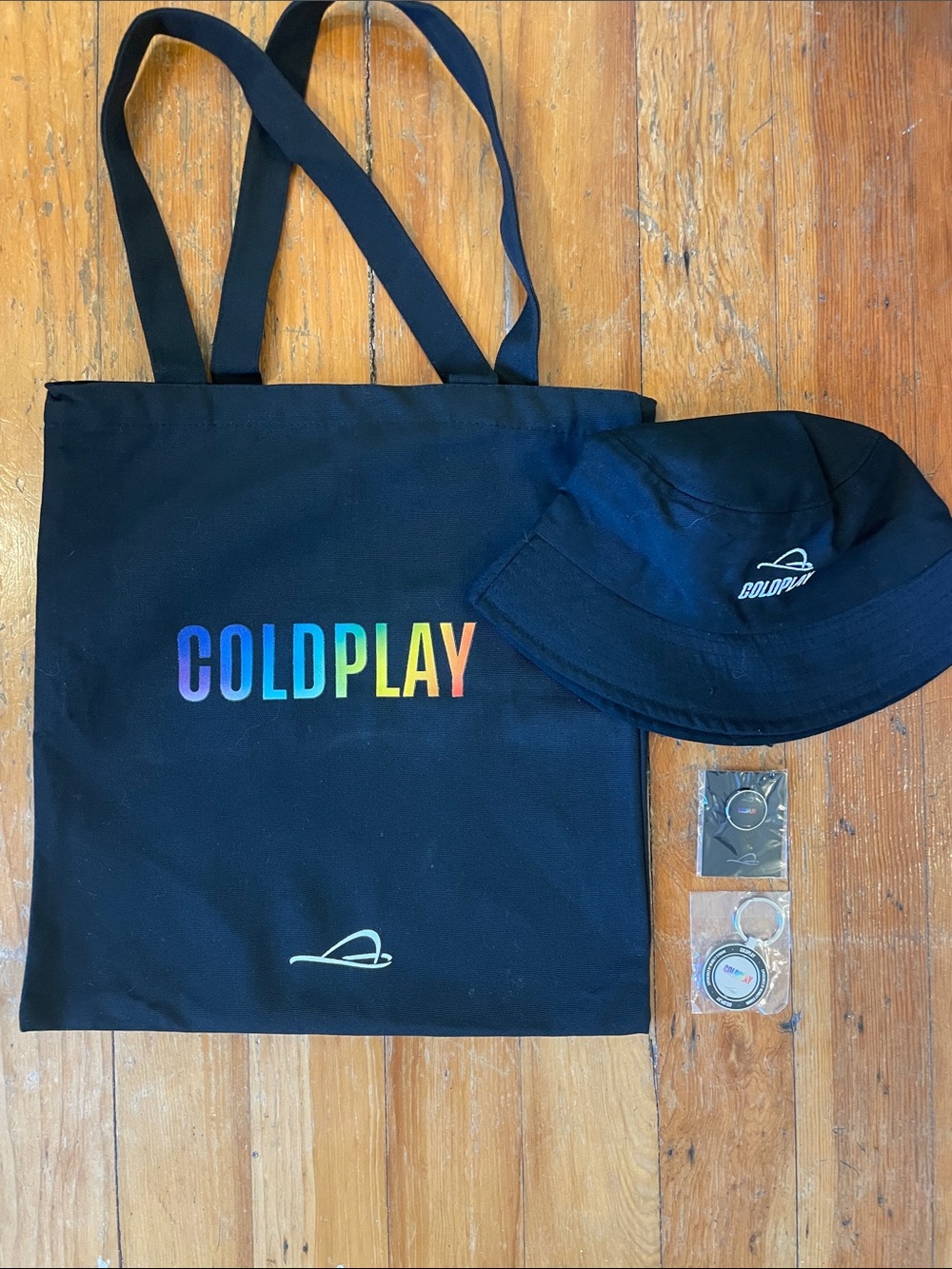 Coldplay Tote Bag, Bucket Hat, Pin & Keychain